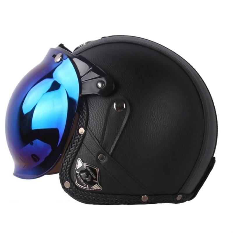 Classic Motorbike Half Helmets with Blue Bubble Mirror Adult Scooter 3/4 Open Face Helmet with Brim Suitable for Off-Road Leisure Sports Performance Schwarz XL von 100junzidao