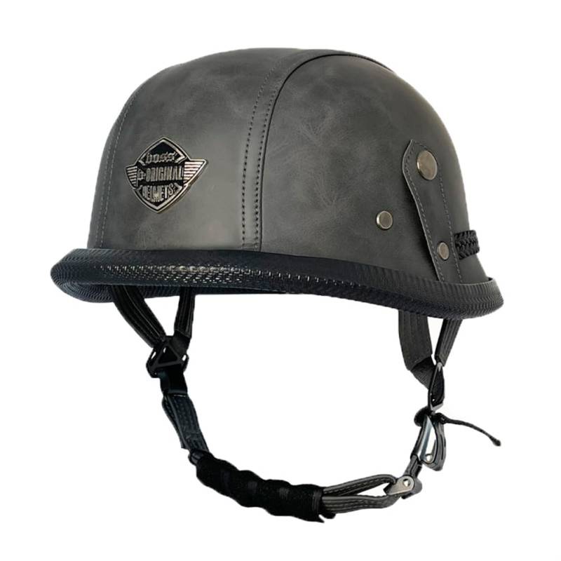 Deutscher Gi Helm Leder PU Passend für Erwachsene Männer und Frauen Klassische Offene Halbschale Motorradhelme DOT Genehmigt Passend für Scooter Street Cruiser Herausnehmbares Innenfutter Grau L von 100junzidao