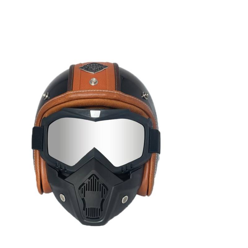 Erwachsener Motorrad-Halbhelm Touring Off-Road Retro Open-face Helm mit Windspiegel Gespleißtes Lederdesign Geeignet für Betonstraße Bergsport Schwarz XXL von 100junzidao