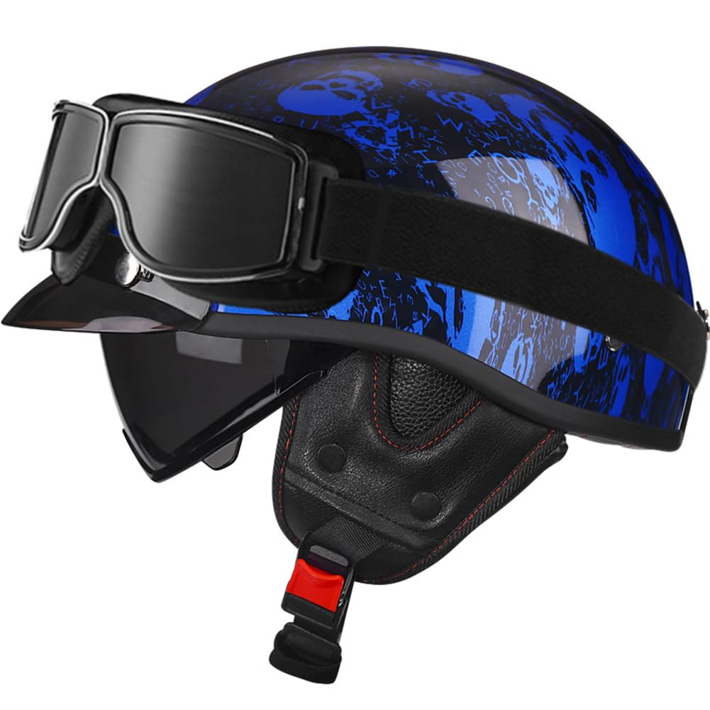 Halbhelm Motorradhelme Erwachsene Motocross mit Windspiegel Innenspiegel Krempe für Männer und Frauen Cruiser Pedal Blau M/57-58cm von 100junzidao