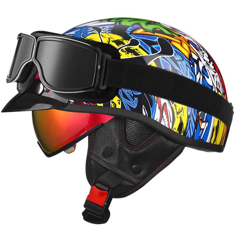 Halbhelm Motorradhelme Erwachsene Motocross mit Windspiegel Innenspiegel Krempe für Männer und Frauen Cruiser Pedal Mehrfarbig XL/61-62cm von 100junzidao