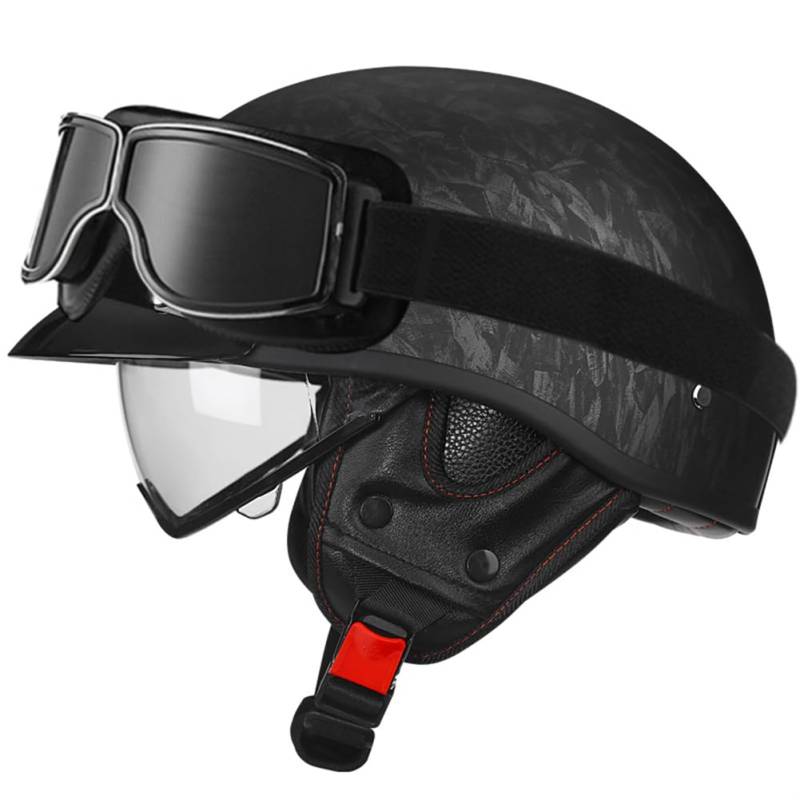 Halbhelm Motorradhelme Erwachsene Motocross mit Windspiegel Innenspiegel Krempe für Männer und Frauen Cruiser Pedal Schwarz M/57-58cm von 100junzidao