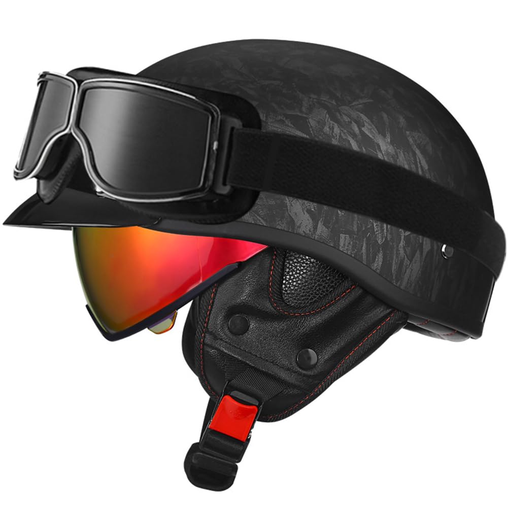 Halbhelm Motorradhelme Erwachsene Motocross mit Windspiegel Innenspiegel Krempe für Männer und Frauen Cruiser Pedal Schwarz S/55-56cm von 100junzidao