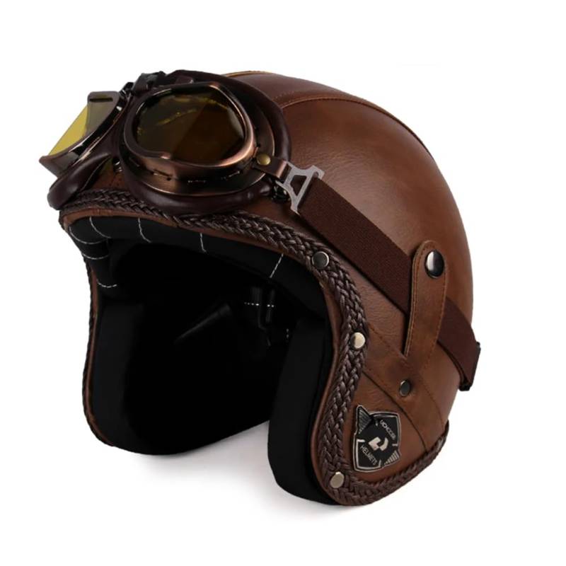 Men's and Women's Retro Motorbike Half Helmets with Goggles and Brim Safety Crash Scooter 3/4 Open Face Helmet Suitable for Adult Off-Road Leisure Commuting Braun XL von 100junzidao