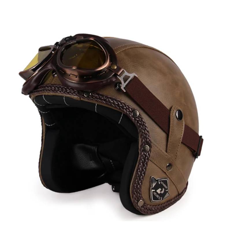 Men's and Women's Retro Motorbike Half Helmets with Goggles and Brim Safety Crash Scooter 3/4 Open Face Helmet Suitable for Adult Off-Road Leisure Commuting Braun XXL von 100junzidao