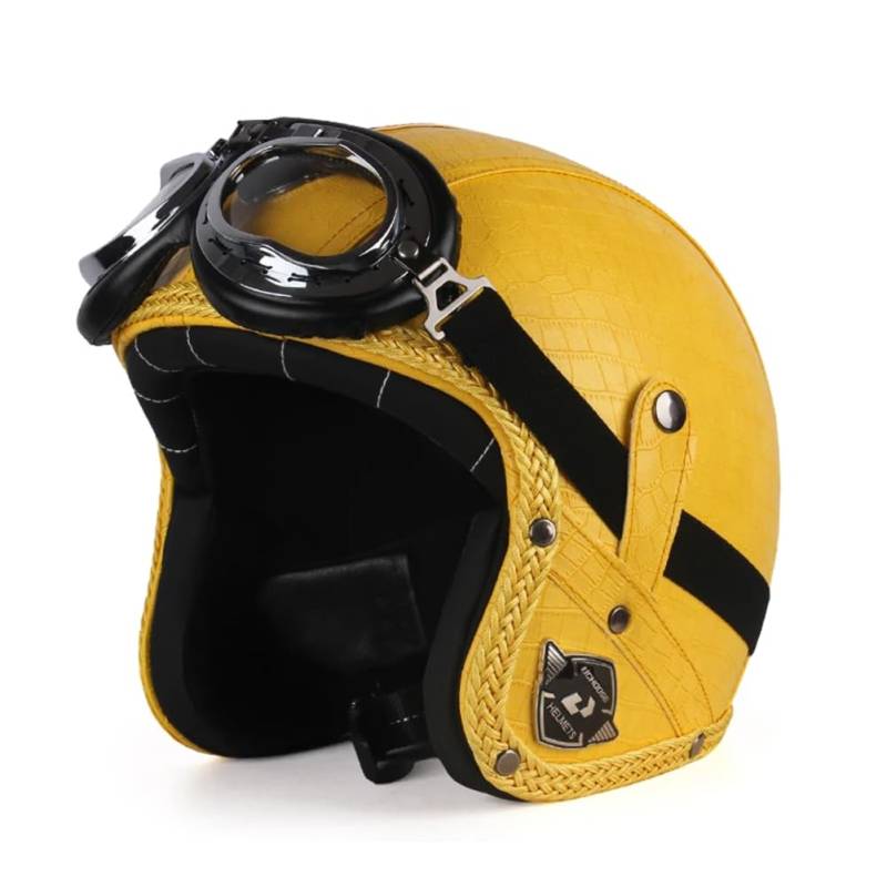 Men's and Women's Retro Motorbike Half Helmets with Goggles and Brim Safety Crash Scooter 3/4 Open Face Helmet Suitable for Adult Off-Road Leisure Commuting Gelb XXL von 100junzidao