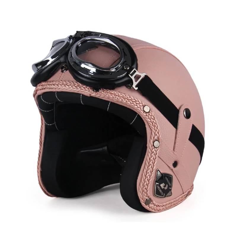 Men's and Women's Retro Motorbike Half Helmets with Goggles and Brim Safety Crash Scooter 3/4 Open Face Helmet Suitable for Adult Off-Road Leisure Commuting Rosa M von 100junzidao