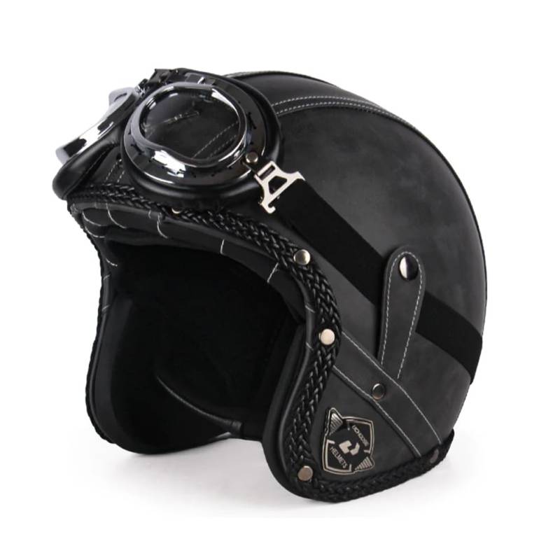 Men's and Women's Retro Motorbike Half Helmets with Goggles and Brim Safety Crash Scooter 3/4 Open Face Helmet Suitable for Adult Off-Road Leisure Commuting Schwarz XL von 100junzidao