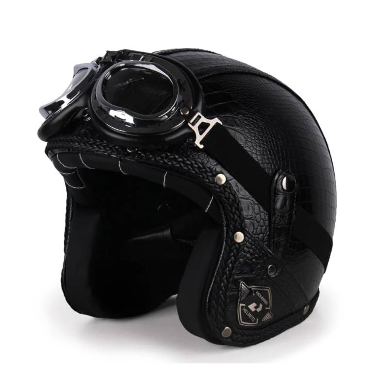 Men's and Women's Retro Motorbike Half Helmets with Goggles and Brim Safety Crash Scooter 3/4 Open Face Helmet Suitable for Adult Off-Road Leisure Commuting Schwarz XXL von 100junzidao