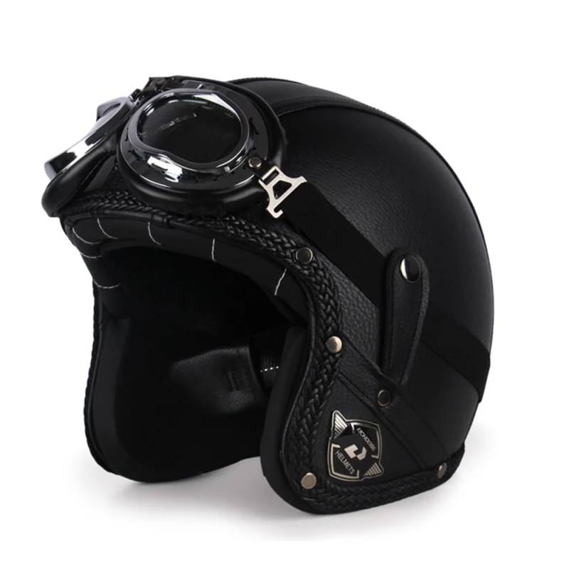 Men's and Women's Retro Motorbike Half Helmets with Goggles and Brim Safety Crash Scooter 3/4 Open Face Helmet Suitable for Adult Off-Road Leisure Commuting Schwarz XXL von 100junzidao