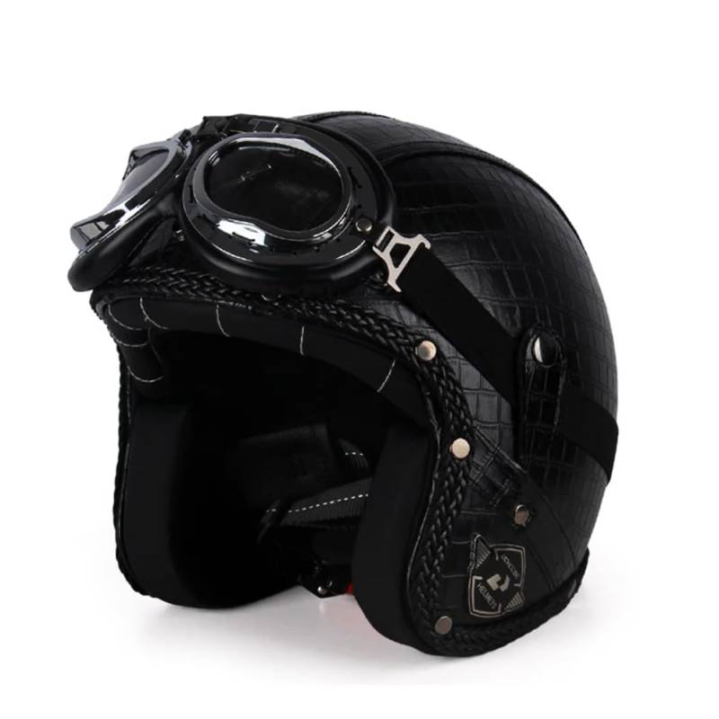 Men's and Women's Retro Motorbike Half Helmets with Goggles and Brim Safety Crash Scooter 3/4 Open Face Helmet Suitable for Adult Off-Road Leisure Commuting Schwarz XXL von 100junzidao