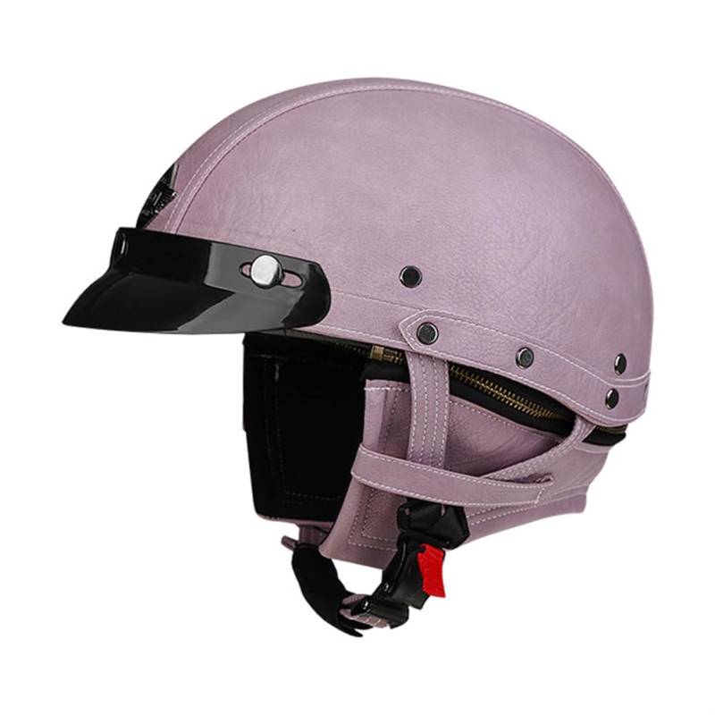 Vintage Motorrad Halbhelme Leder PU Open Skull Helm mit Krempe Quick Set Release Erwachsene Outdoor Reiten ATV Sicherheit Crash Lila M von 100junzidao