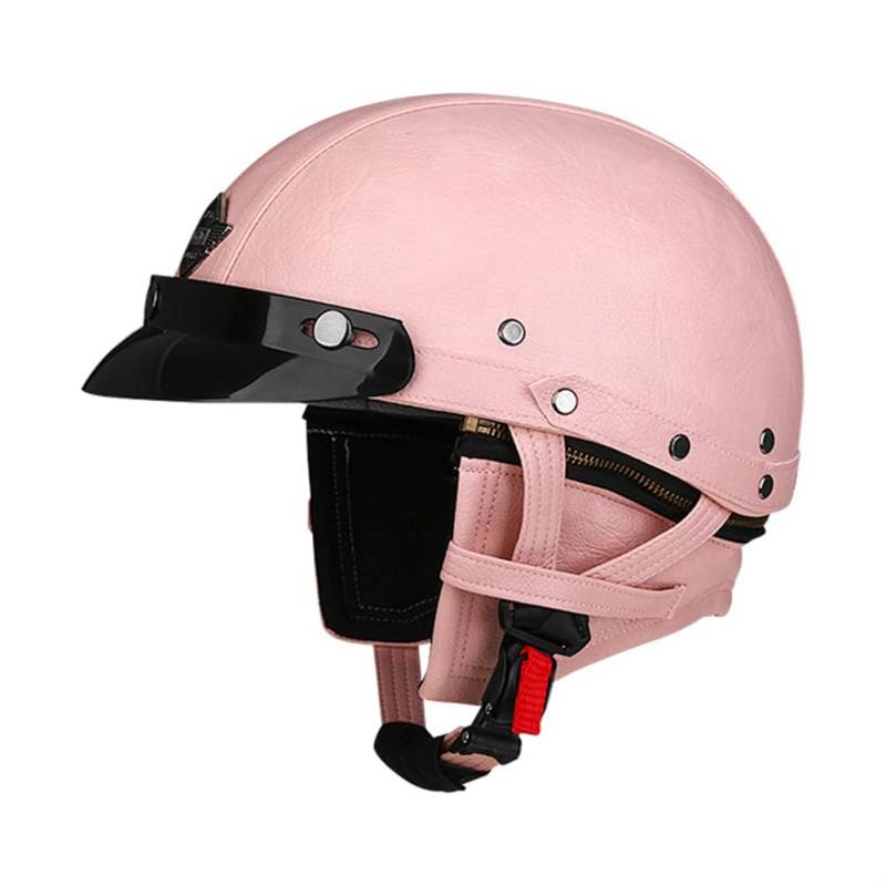 Vintage Motorrad Halbhelme Leder PU Open Skull Helm mit Krempe Quick Set Release Erwachsene Outdoor Reiten ATV Sicherheit Crash Rosa L von 100junzidao