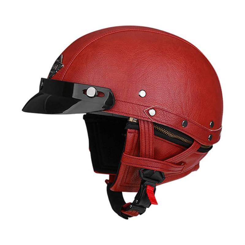 Vintage Motorrad Halbhelme Leder PU Open Skull Helm mit Krempe Quick Set Release Erwachsene Outdoor Reiten ATV Sicherheit Crash Rot M von 100junzidao