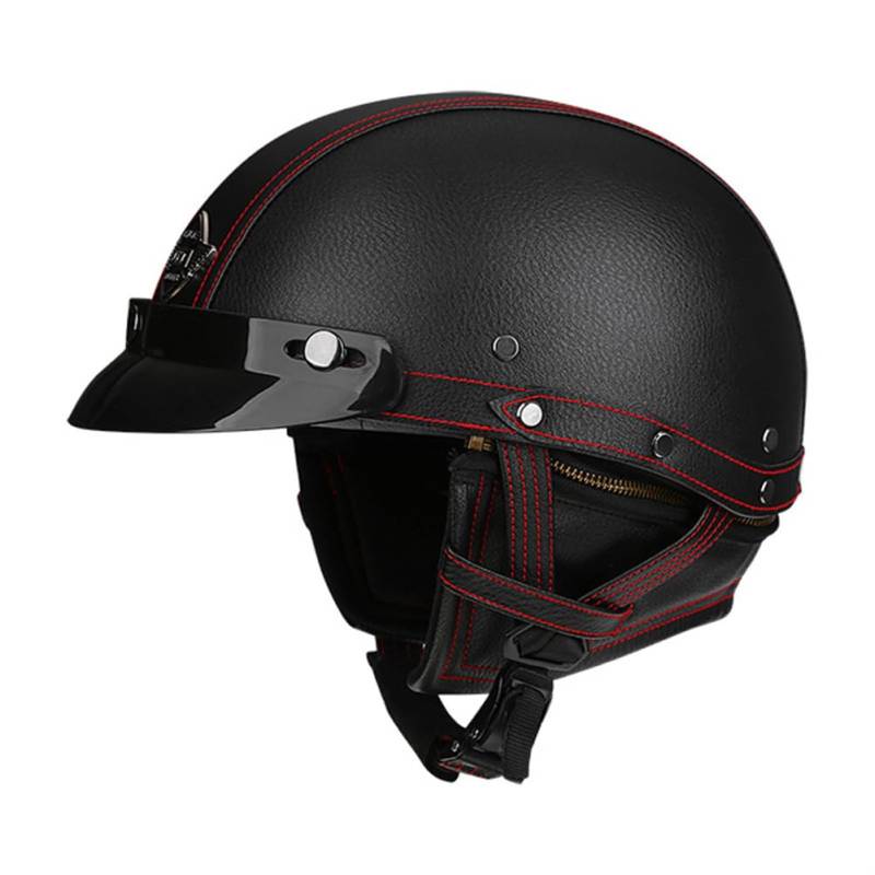 Vintage Motorrad Halbhelme Leder PU Open Skull Helm mit Krempe Quick Set Release Erwachsene Outdoor Reiten ATV Sicherheit Crash Schwarz L von 100junzidao