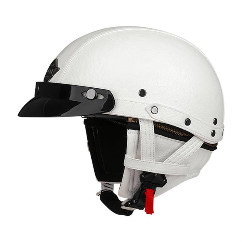 Vintage Motorrad Halbhelme Leder PU Open Skull Helm mit Krempe Quick Set Release Erwachsene Outdoor Reiten ATV Sicherheit Crash Weiß S von 100junzidao