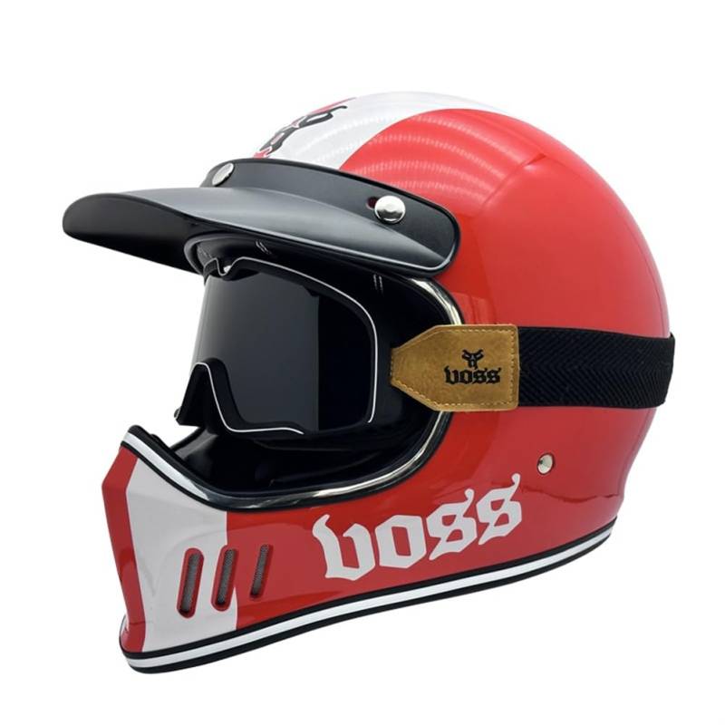 Vintage Motorrad Vollvisierhelm Erwachsene Männer und Frauen mit Krempe Tee Goggles Sicherheit Kollision Scooter Reiten Einteilige Helme DOT Zertifizierung Belüftung Geräuschreduzierung Rot XL von 100junzidao