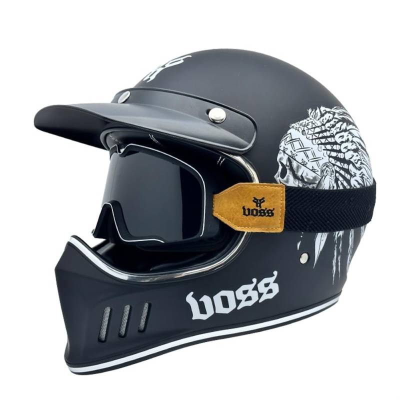Vintage Motorrad Vollvisierhelm Erwachsene Männer und Frauen mit Krempe Tee Goggles Sicherheit Kollision Scooter Reiten Einteilige Helme DOT Zertifizierung Belüftung Geräuschreduzierung Schwarz XXL von 100junzidao