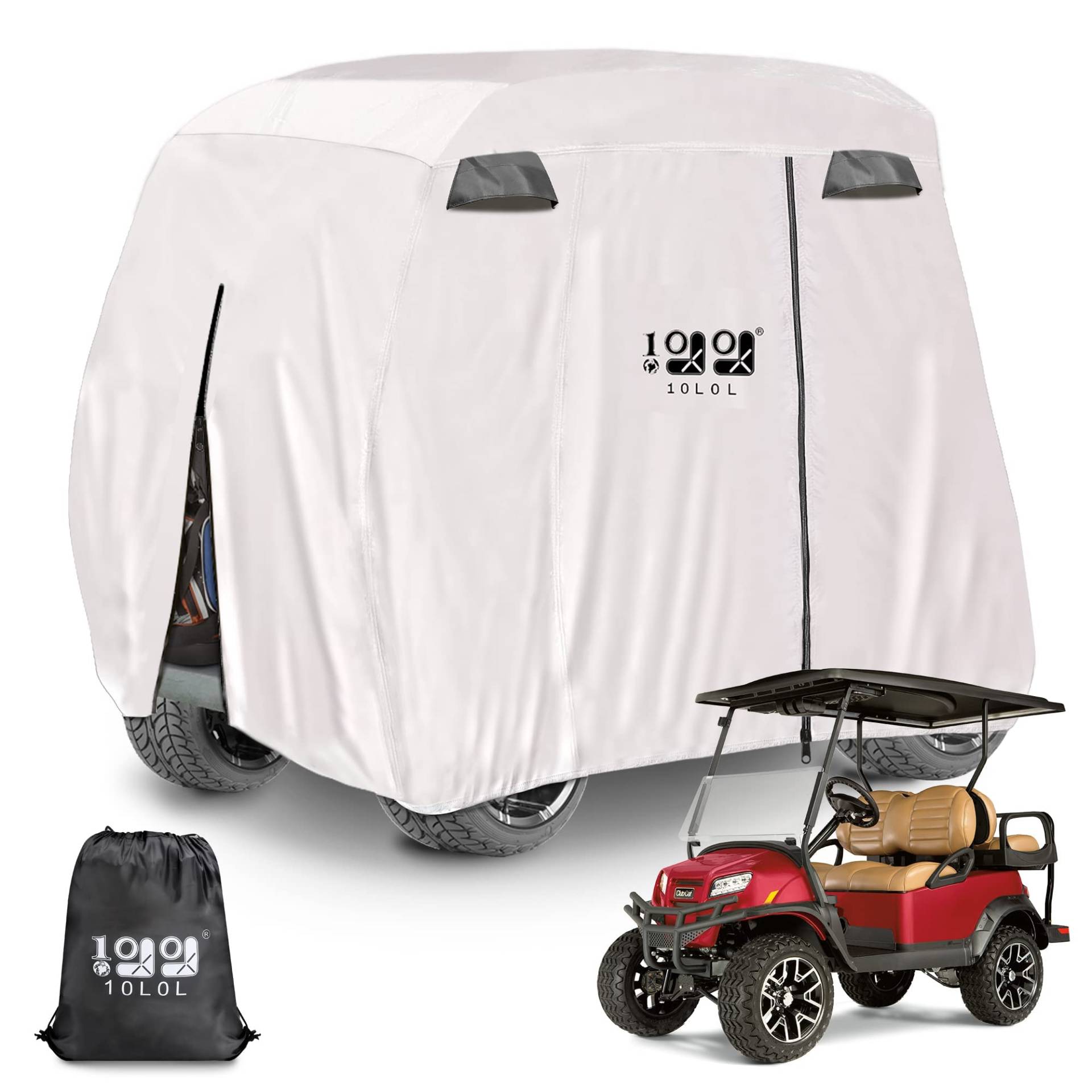 10L0L Universal 2-4 Passagier Golfwagen Abdeckung für EZGO, Club Car und für Yamaha, wasserdicht, sonnenfest und langlebig, Silber Weiß von 10L0L