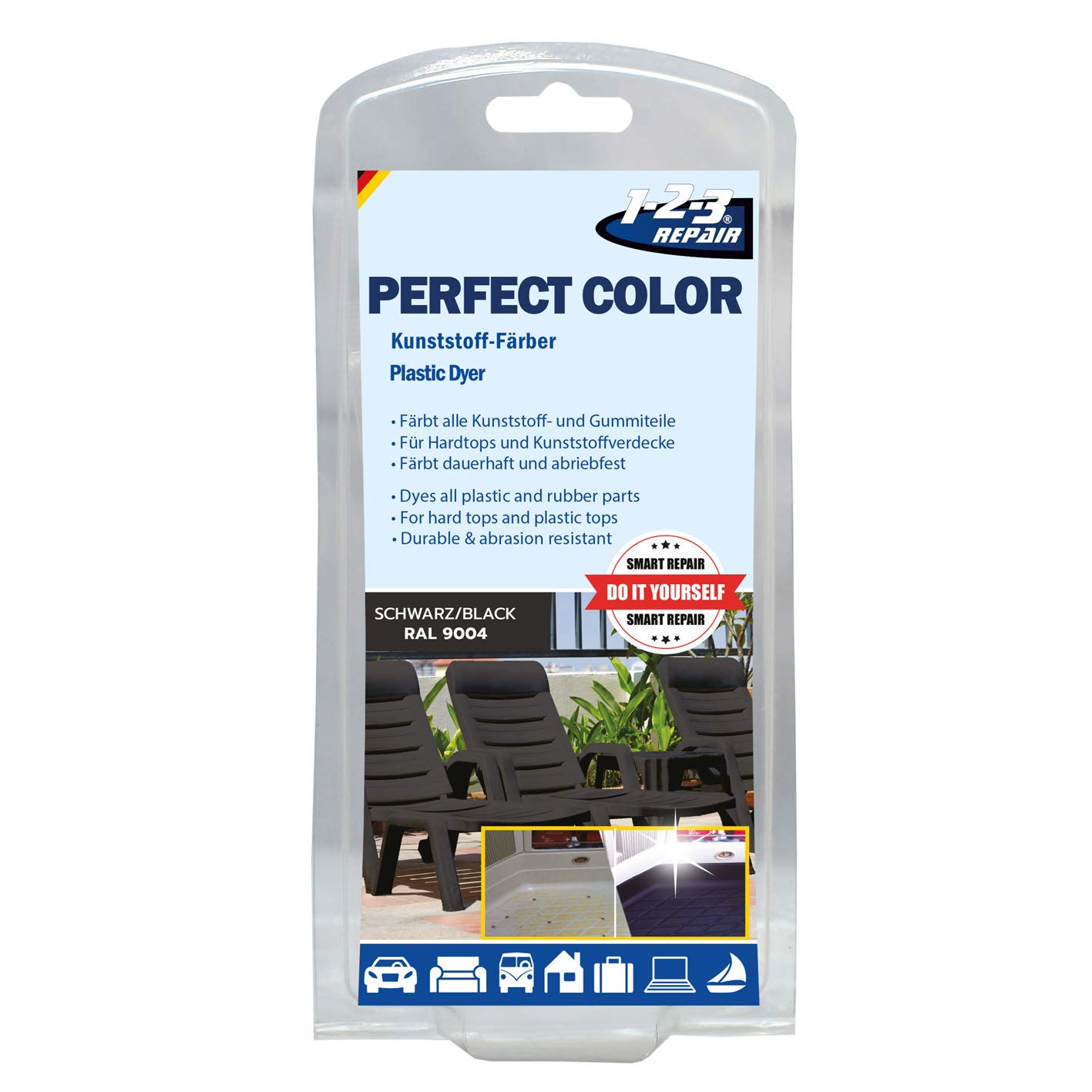 1-2-3 REPAIR® Kunststoff Farbe schwarz - Professioneller Kunststoff Auffrischer für Gartenmöbel - Schonende Kunststoff Pflege - Schwarze Farbe für Kunststoff Tiefenpflege - Kunststoffauffrischer 1-2-3 REPAIR® Kunststoff Farbe schwarz - Professioneller Kunststoff Auffrischer für Gartenmöbel - Schonende Kunststoff Pflege - Schwarze Farbe für Kunststoff Tiefenpflege - Kunststoffauffrischer von 1-2-3 REPAIR
