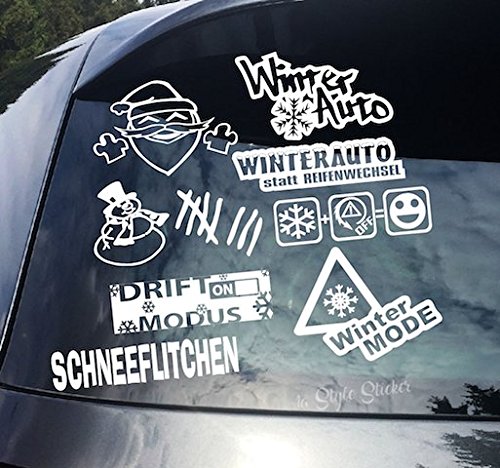 8 Aufkleber im Set Winter Sticker Aufkleber Set Winterauto Motiv Größe Schneemann, Schneemann, Winteraut, Winterauto statt Reifenwechsel, Schneeflitchen, Schnee ESP Off=Fun von 1A Style Sticker