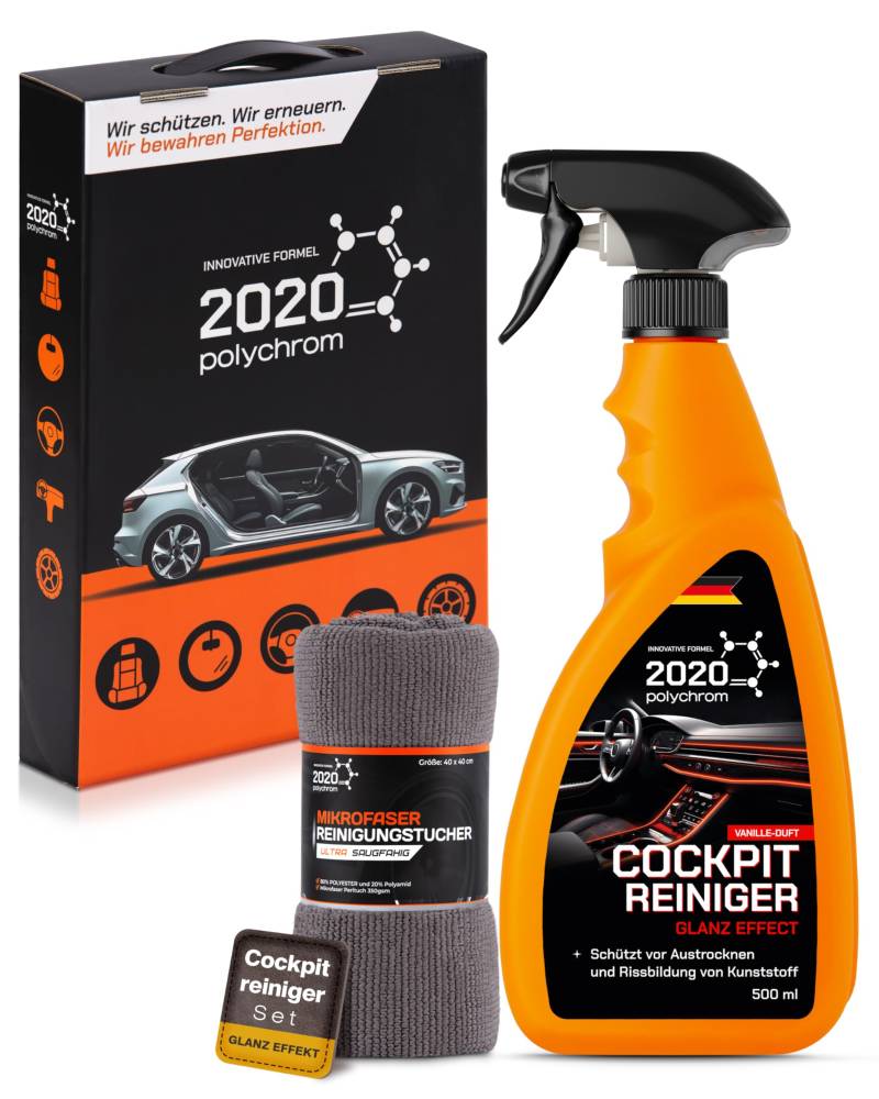 2020 Polychrom Cockpitpflege Auto Set – Cockpitreiniger pH-neutral mit Glanz-Effekt & Mikrofaser – Kunststoffreiniger für Armaturenbrett & Innenraum – Cockpitspray ohne Streifen mit Vanille-Duft von 2020 Polychrom
