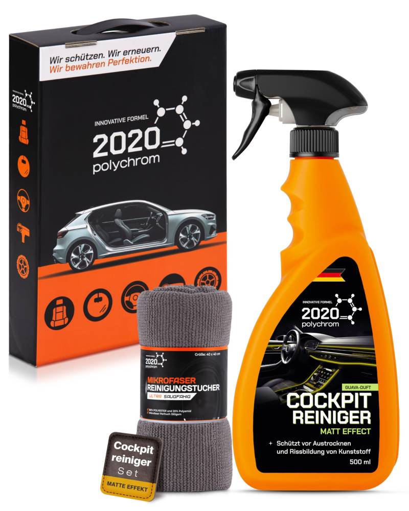 2020 Polychrom Cockpitpflege Auto Set – Cockpitreiniger pH-neutral mit Matte Effekt & Mikrofaser – Kunststoffreiniger für Armaturenbrett & Innenraum – Cockpitspray ohne Streifen mit Guave-Duft von 2020 Polychrom