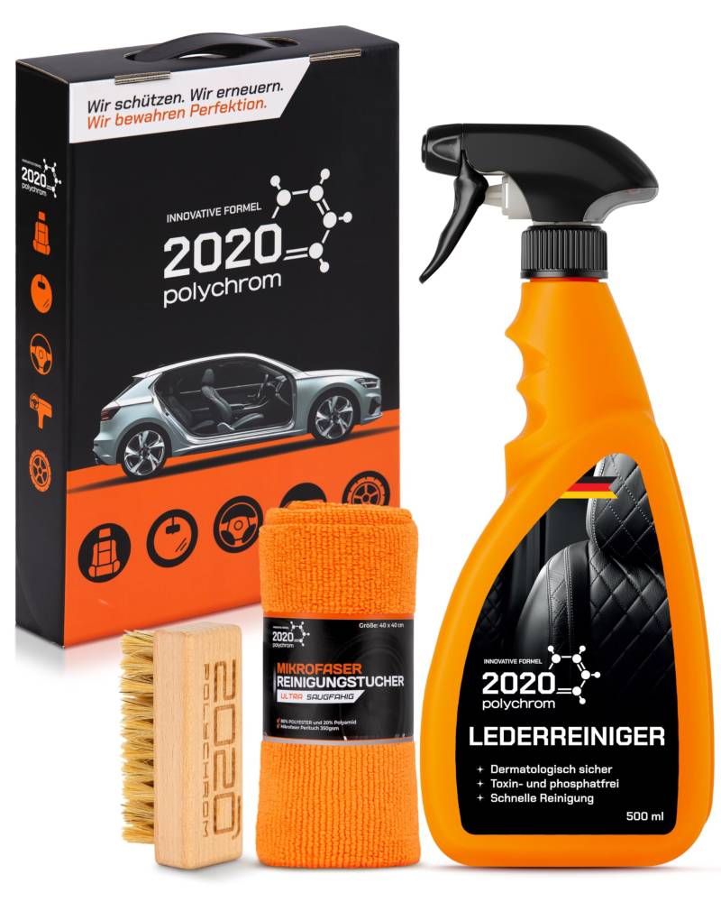 2020 Polychrom Lederreiniger Set – Auto Leder Reiniger mit Mikrofaser & Holzbürste mit Pferdehaar – Tiefenreinigung für Autositze, Kunstleder & Möbel von 2020 Polychrom