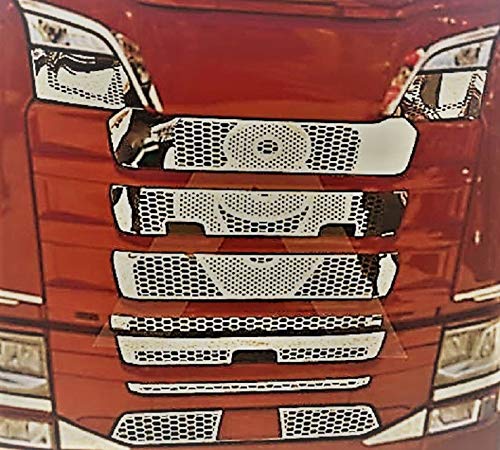 Front Grill Mesh Abdeckungen hochglanzpoliert Edelstahl Dekor V8 für SCANIA S 2016+ mit DRLs von 24/7 AUTO