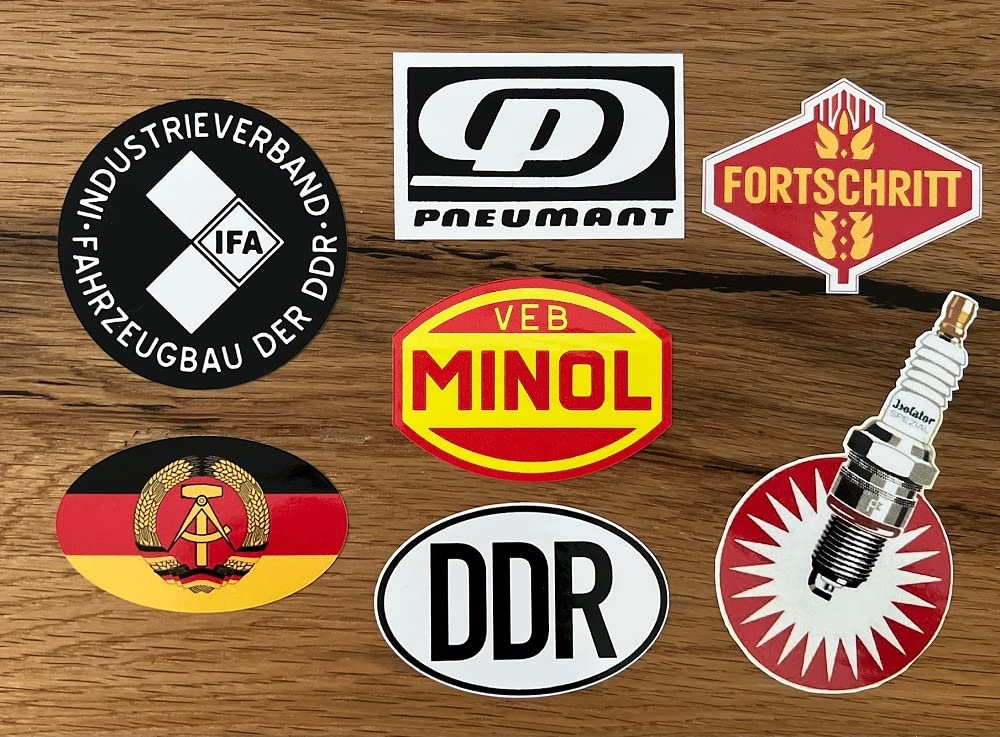 24/7stickers #693 / DDR Aufkleber Set XXL 10cm VEB IFA DDR Oldtimer MINOL Retro Vintage Osten für Trabant Barkas Wartburg Simson usw. von 24/7stickers