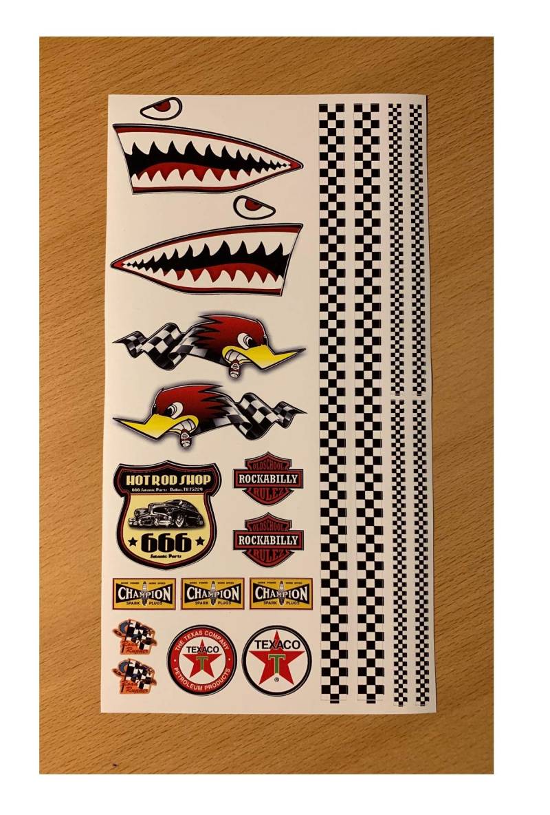 24/7stickers MB001 / Aufkleber Set Modellbau 29 x 15,5 cm Old School 76 Hai Shark Checkered Flag Hot Rod USA V8 Flagge Tuning 1:10 1:8 Auto RC Diorama von 24/7stickers