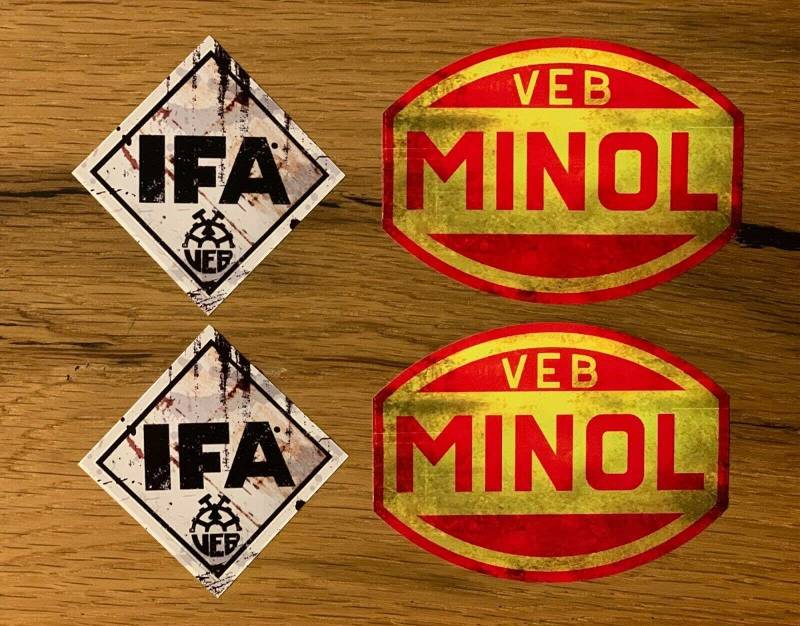 #939 / MINOL IFA Vintage Aufkleber Set je 9x7cm + 7x7cm VEB DDR Oldtimer Auto Sticker Moped Retro Vintage Ossi für Trabant Barkas Wartburg Simson Pirol usw. von 24/7stickers