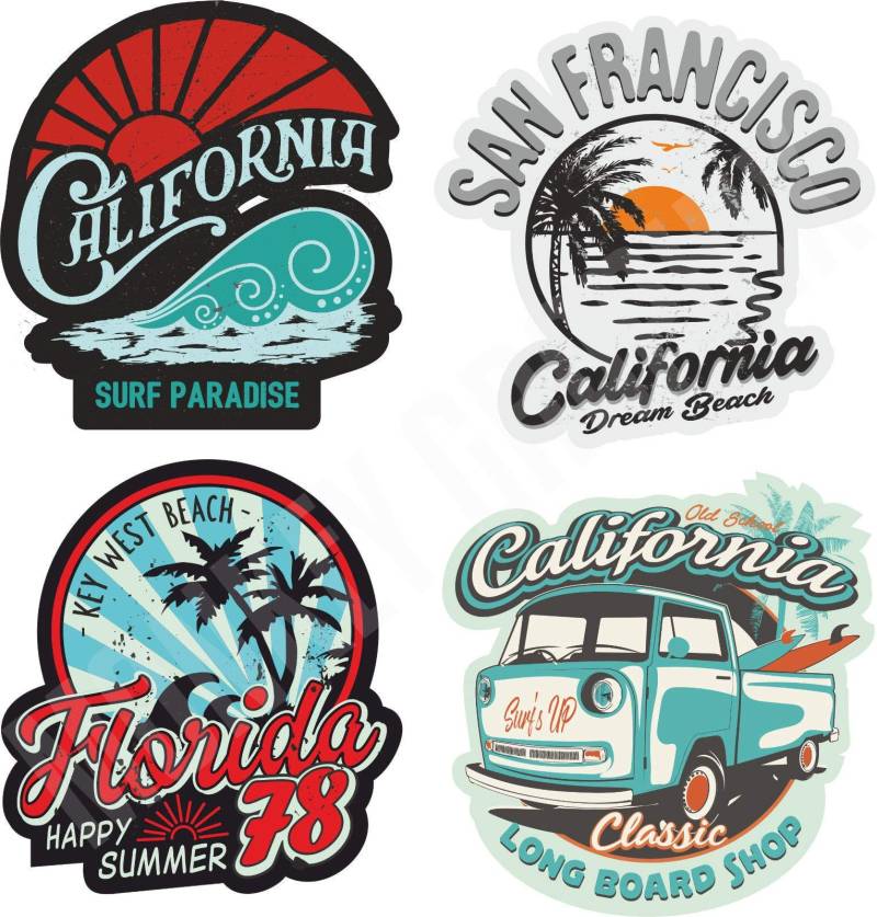 24/7stickers MG401 4X Aufkleber Surfer Surf Bus USA Beach Surfing Boaord Hawaii Oldtimer Old School Retro Vintage Californien USA von 24/7stickers