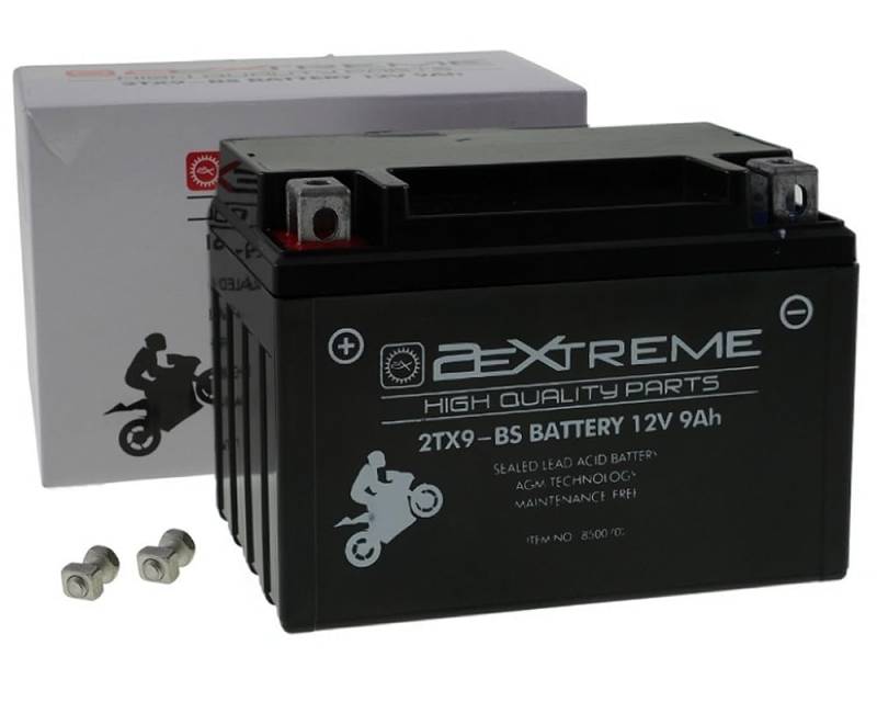 2EXTREME 12V 9Ah 2TX9-BS Motorrad Batterie, wartungsfrei versiegelt und vorgeladen kompatibel mit 50812, YTX9-BS, GTX9-BS Roller Quad Moped von 2EXTREME
