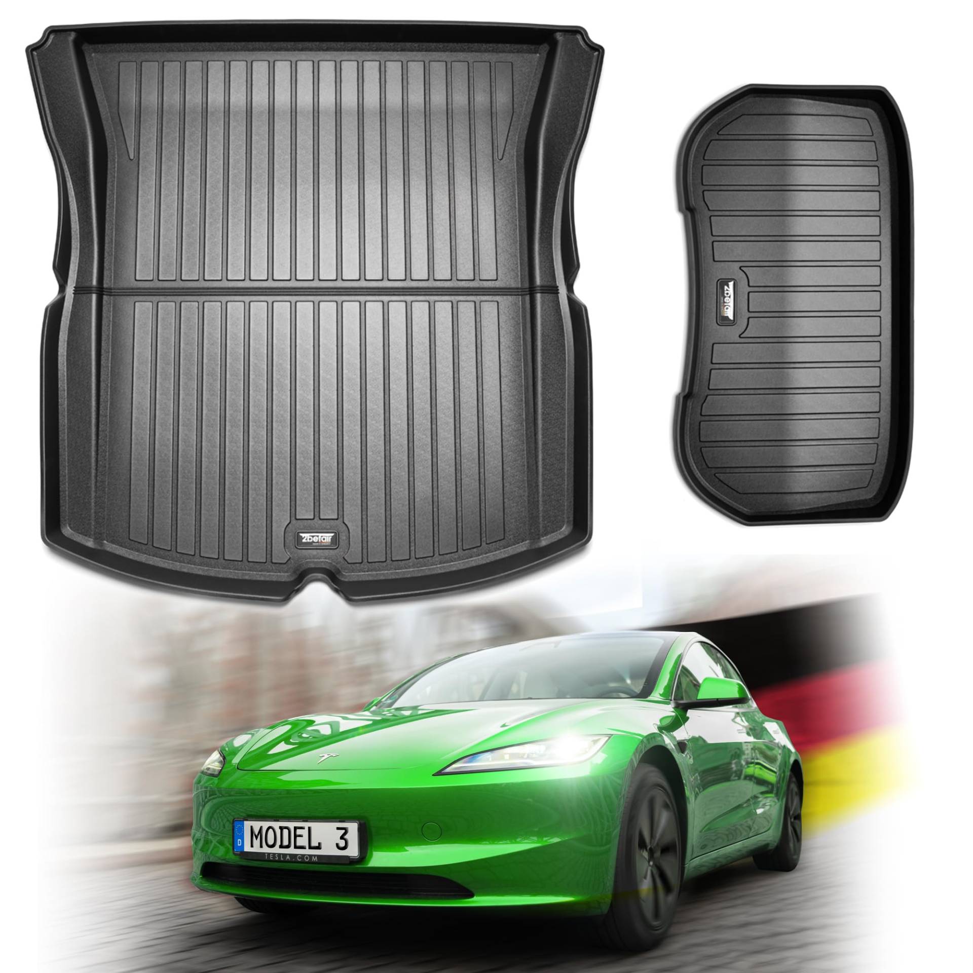 2befair Gummimatten Kofferraum Tesla Model 3 (“Highland” ab 10/23) – Made in Germany, rutschfeste Schutzmatte für vorne & hinten, Allwetter-Kofferraummatten im Set (2 Matten), nachhaltiges Zubehör von 2befair