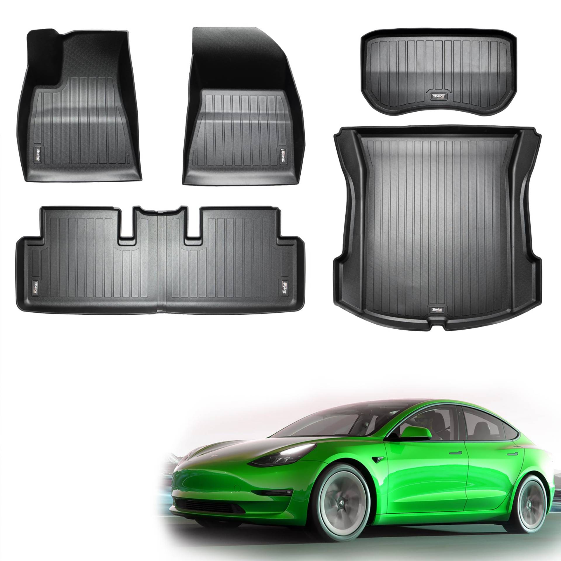 2befair Gummimatten Gesamtset Tesla Model 3 bis 10.2023 und Highland – Made in Germany, rutschfeste Fußmatten für Kofferraum & Innenraum, Allwetter-Automatten im Set (5 Matten) (Model 3 bis 10.2023) von 2befair