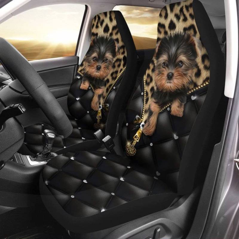 351 2 Stück Sitzbezüge Auto Yorkshire Terrier Hund Leopardenmuster Schwarzes Ledermuster Autositzbezüge Atmungsaktiv Auto-Zubehör Sitzschoner, Für SUV, LKW von 351