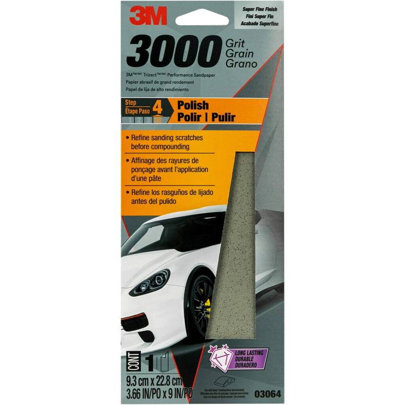 3M Performance 03064 Schleifpapier mit Körnung 3000, 8,9 x 22,9 cm, polierter Klarlack und Farbe, stellt den Glanz Wieder her, ideal für detaillierte Endbearbeitung und Polieren, sehr feines von 3M