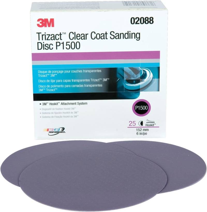 3M 02088 Trizact Hookit 15,2 cm, P1500 Schleifscheiben für Klarlack, (Box mit 25 Stück) von 3M