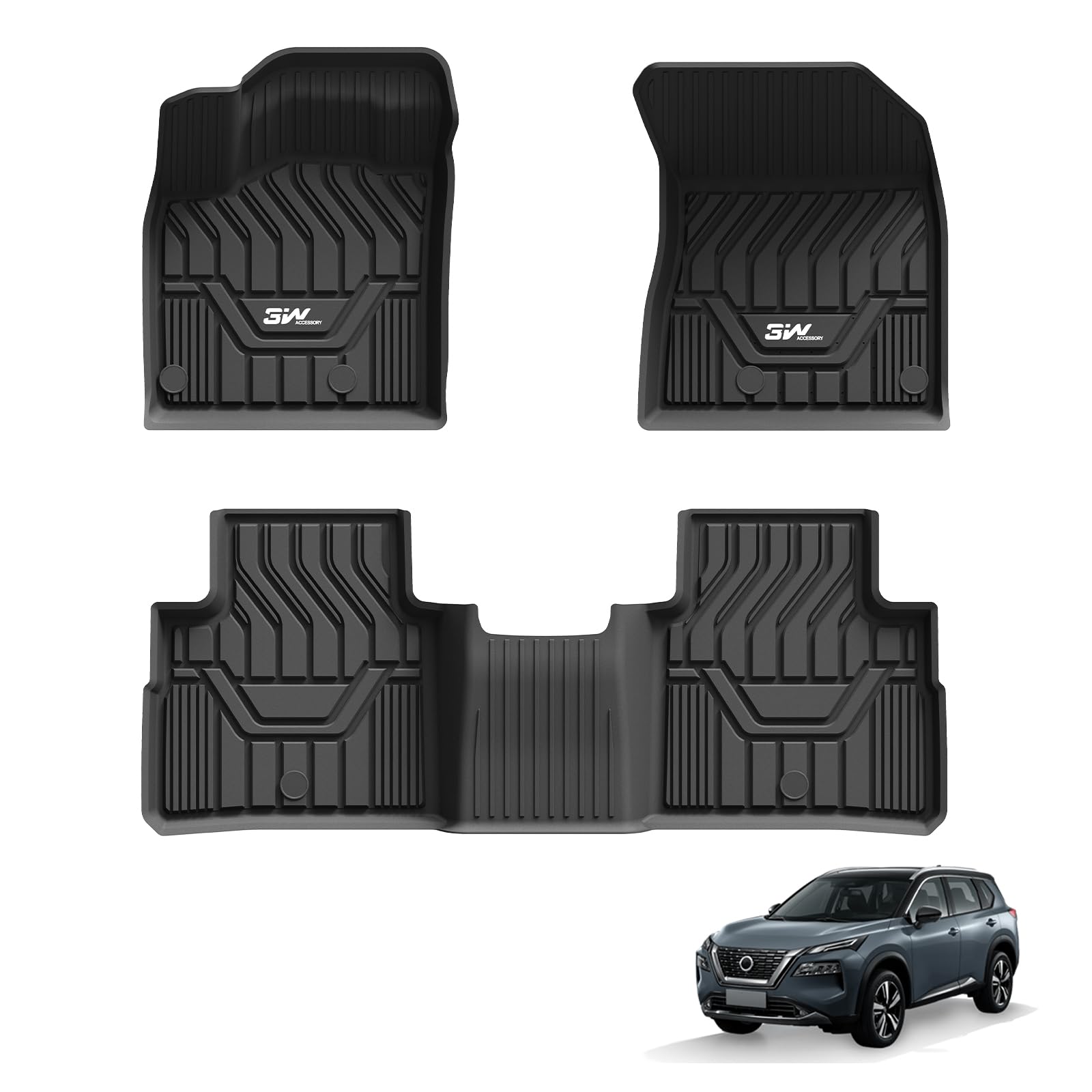 3W Fußmatten für Nissan X-Trail T33 2021-2025, TPE Allwetter Maßgeschneiderte Gummimatten für Nissan X-Trail 1. und 2. Reihen Komplettset Auto Fussmatten Zubehör, Schwarz Antirutschmatten von 3W