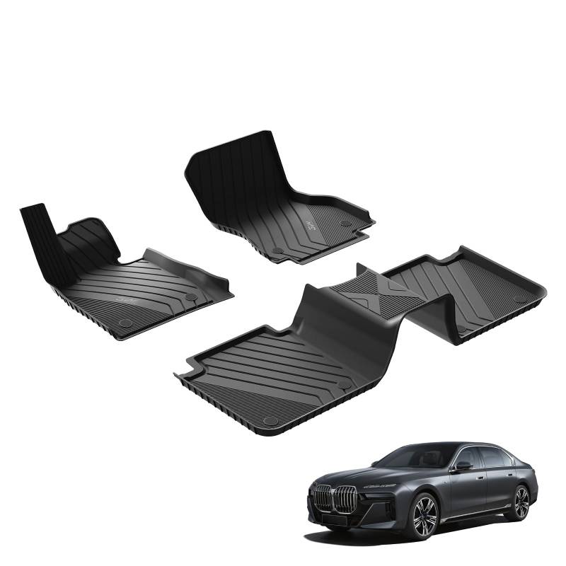 3W Fußmatten für BMW 7er G70 2023-2025, TPE Allwetter Maßgeschneiderte Gummimatten für BMW 7 Series 1. und 2. Reihen Komplettset Auto Fussmatten Zubehör, Schwarz Antirutschmatten von 3W