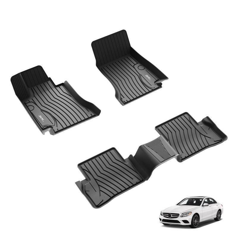 3W Fußmatten für Mercedes Benz C-Klasse Sedan/Station W205 2014-2021, TPE Allwetter Gummimatten für Benz C-Klasse 1. und 2. Reihen Komplettset Auto Fussmatten Zubehör, Schwarz Antirutschmatten von 3W