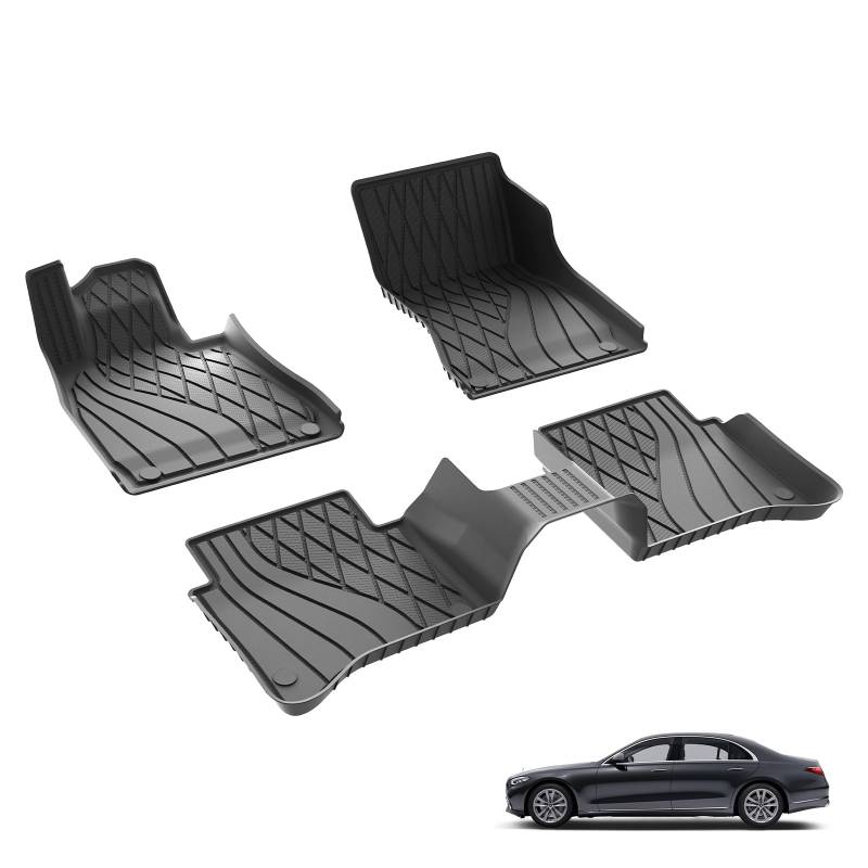 3W Fußmatten für Mercedes Benz S-Klasse Langversion W223 2021-2025, TPE Allwetter Gummimatten für Benz S-Klasse 1. und 2. Reihen Komplettset Auto Fussmatten Zubehör, Schwarz Antirutschmatten von 3W