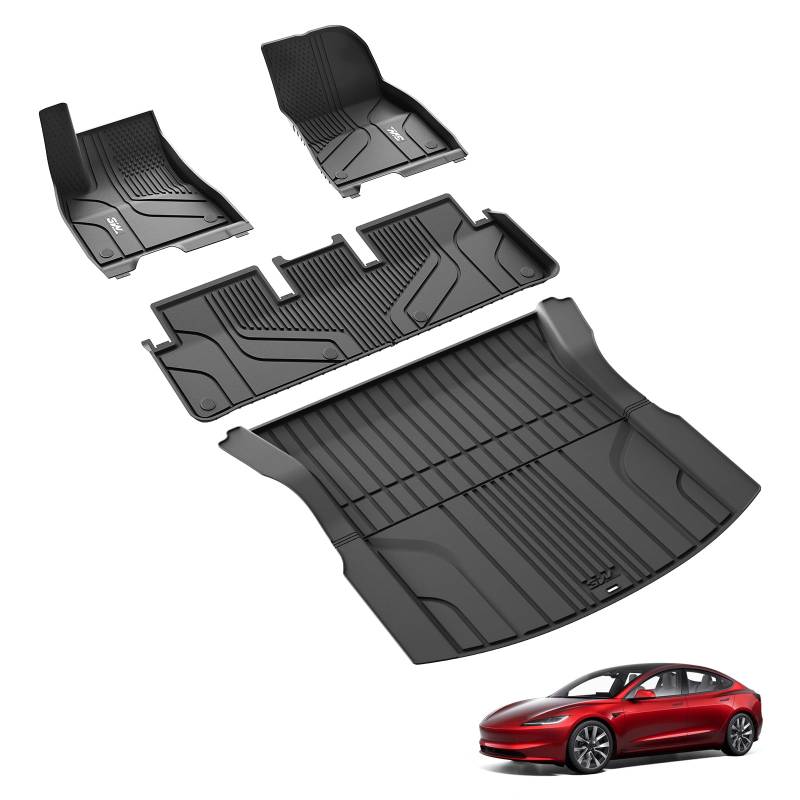 3W Fußmatten und Kofferraummatten für Tesla Model 3 Highland 2024-2025, TPE Allwetter Maßgeschneiderte Fussmatte 1-2 Reihen und Kofferraum Matte Komplettset Tesla Model 3 Highland Autofußmatten von 3W