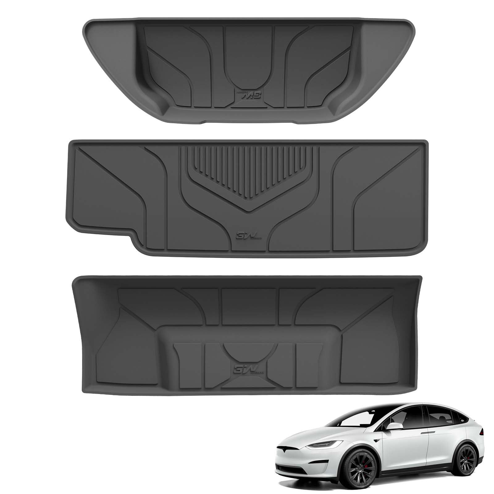 3W TPE Allwetter Custom 3PCS Kofferraum Automatten Set für Tesla New Model X 6seats 2023-2024 Frunk Trunk mat +Kofferraummatte+niedrige Kofferraummatte Wasserdicht rutschfest leicht zu reinigen von 3W