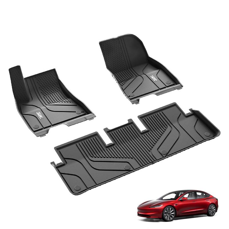 3W Fußmatten für Tesla Model 3 Highland 2024-2025, TPE Allwetter Maßgeschneiderte Gummimatten für Tesla Model 3 Highland 1. und 2. Reihen Komplettset Auto Fussmatten Zubehör, Schwarz Antirutschmatten von 3W