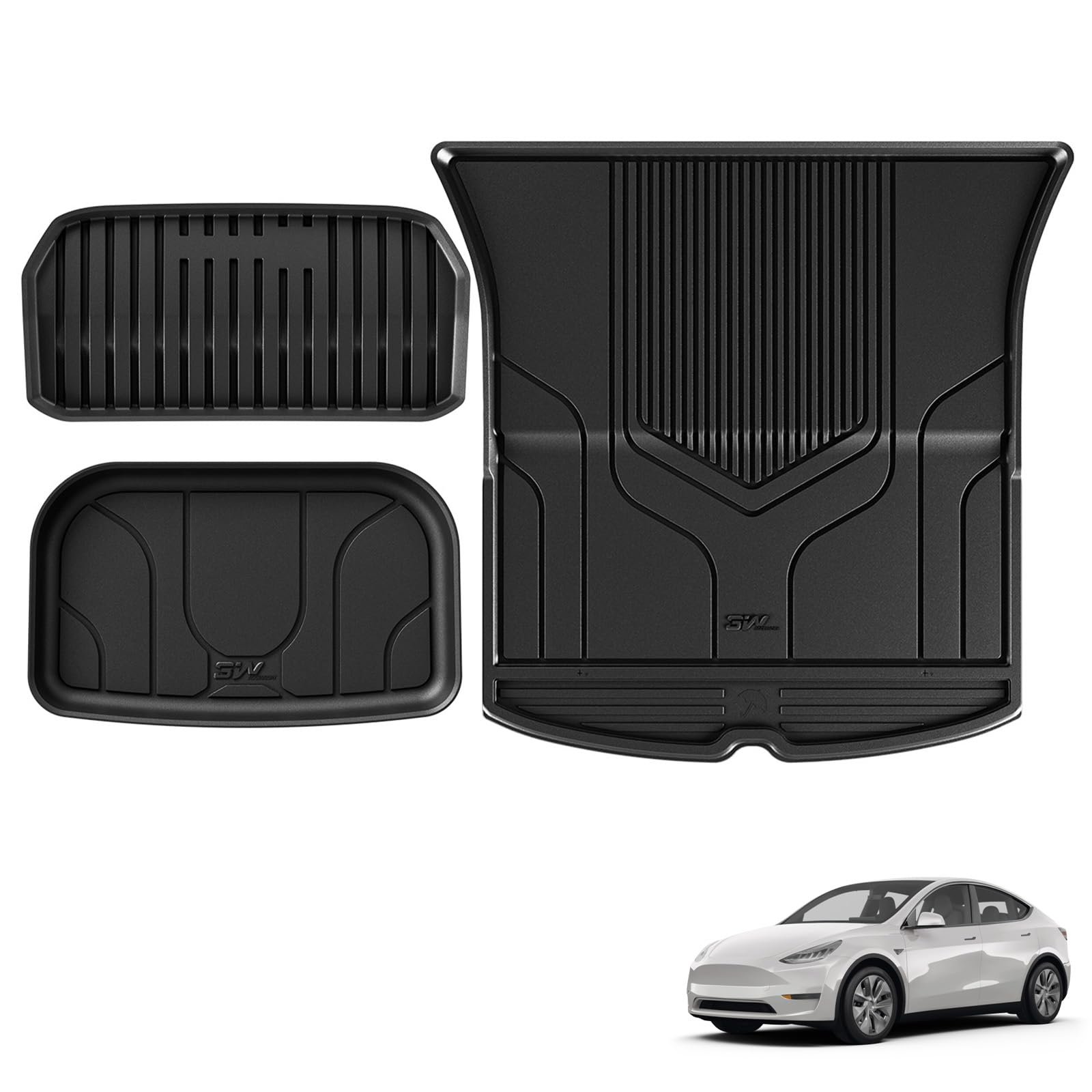 3W Tesla Model Y TPE Ganzjahres-Maß-Kofferaumwanne 3-teiliges Set Frunk Kofferraumwanne+kofferraummatte+Niedrige Kofferaumwanne Wasserdicht rutschfest von 3W