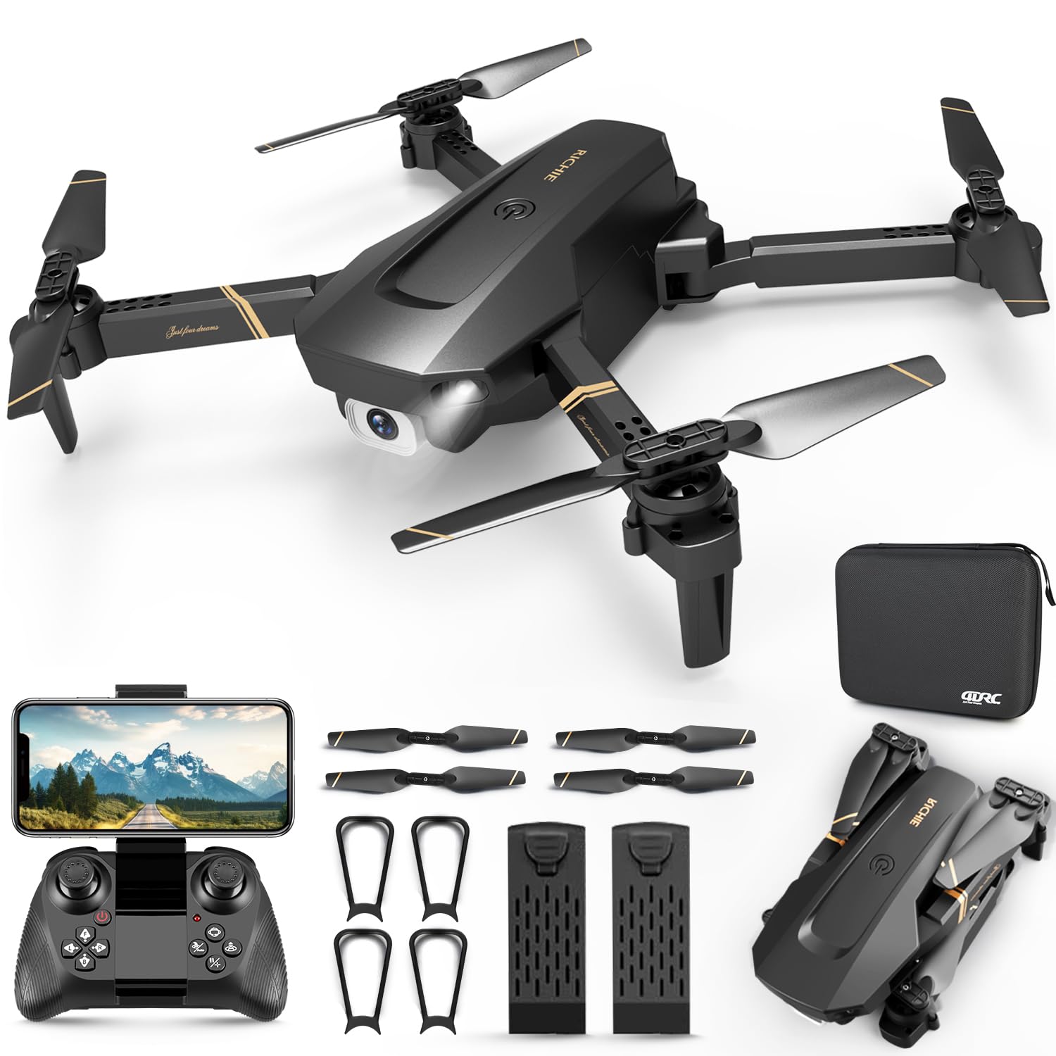 4DRC Faltbare Drohne mit WiFi Kamera 1080P HD, RC Quadrocopter mit 2 Akkus lange Flugzeit, App gesteuert Live Video, Tap-Fly Kopflose Modus Fotodrone inkl. Tasche für Kinder Anfänger Spiel von 4DRC
