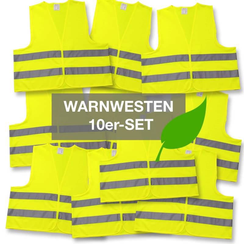 4business 10 Stück Kfz Warnwesten Recycling gelb EN ISO 20471 Klasse 2 Erwachsene Unisize recyceltes Polyester TÜV-geprüft waschbar von 4business