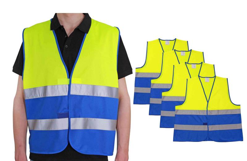 4business 4 Stück Warnweste gelb blau EN ISO 20471 für Erwachsene Größen S - 3XL Polyester waschbar Sicherheitsweste Signalweste 4er Set (L/XL) von 4business